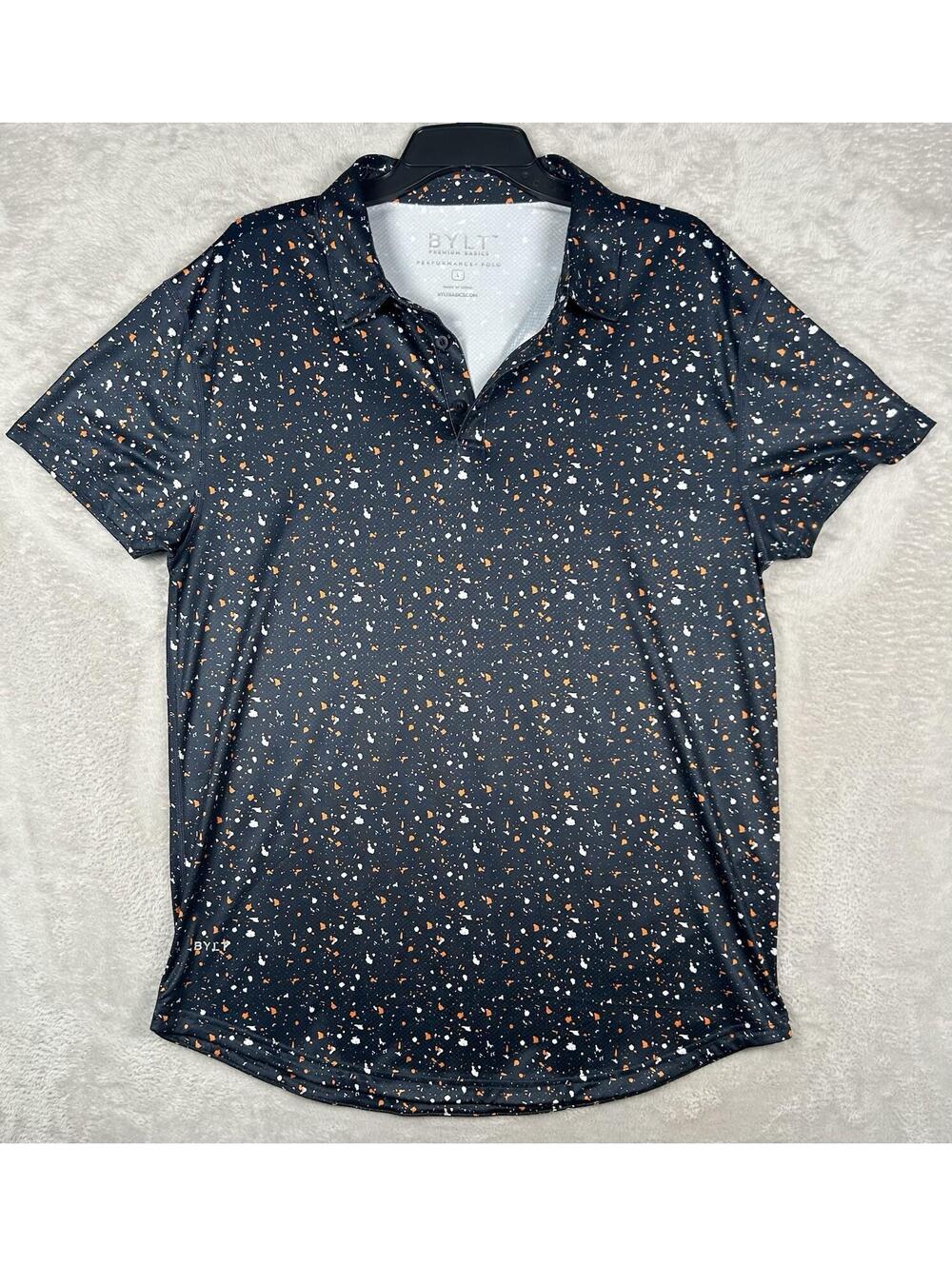 BYLT Performance Polo Golf Shirt Mens Large Speckle Splatter Black Short Sleeve